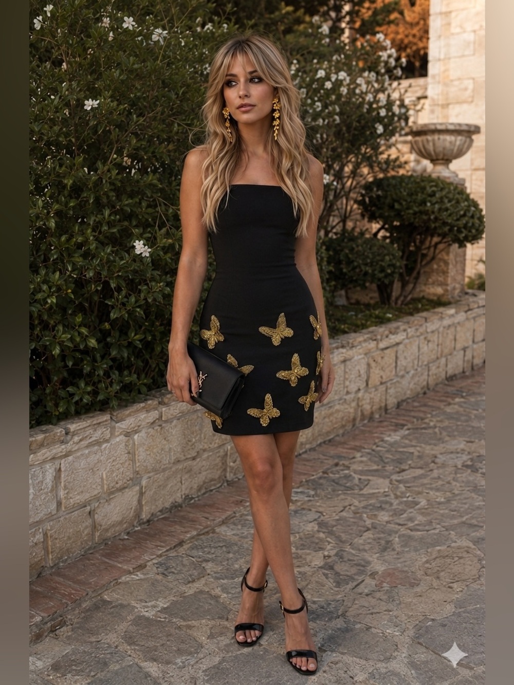 Dalia Macphee Coquette Garden-Core Strapless Black Gold Butterfly Dress M NWTs